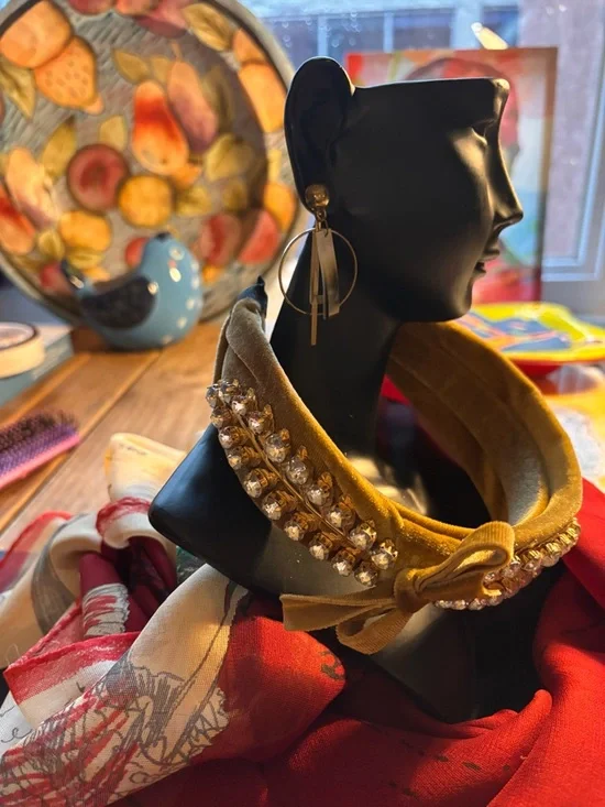 Luxury 2” Mustard Velvet Bow Headband w/ 3” Crystal & Gilded Leaf Embellishment - Picture 3 of 7